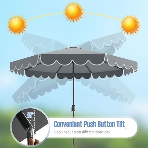 Tangkula 10 FT Patio Umbrella, 2-Tiers Scalloped Outdoor Table Market Umbrella with Tilt Adjustment, Crank, 8 Sturdy Ribs for Pool, Deck, Backyard (Gray) - color: Gray, size: 10Ft