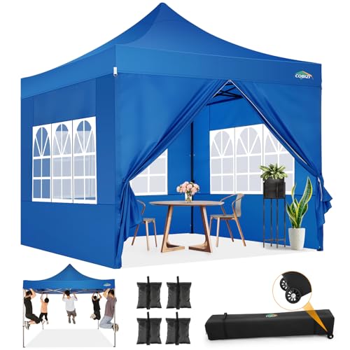 COBIZI 10x10 Pop Up Canopy with Sidewalls Heavy Duty Party Tent with Removable Awning Easy Up Outdoor Canopy Wedding, All Season Windproof&Waterproof with Roller Bag UPF 50+, Blue - color: Blue, size: 10x10 With 4 Sidewalls