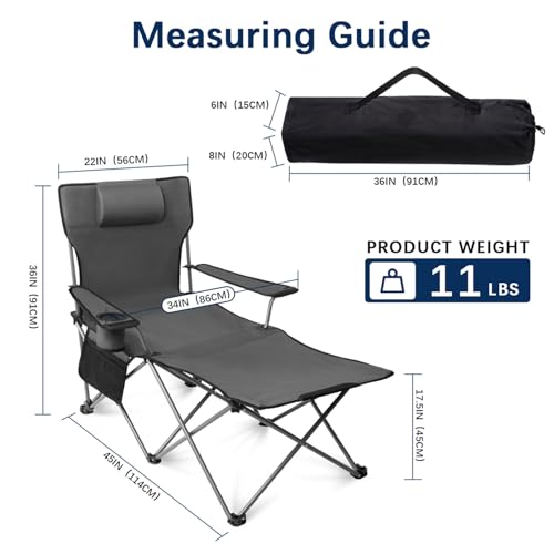 apollo walker Reclining Beach Chair, Adjustable 90-135° Backrest Camping Lounge Chairs for Adults, Folding Chair with Foot Rest & Detachable Pillow - Standard 6-Leg, Grey - color: Grey, style: 6-Leg