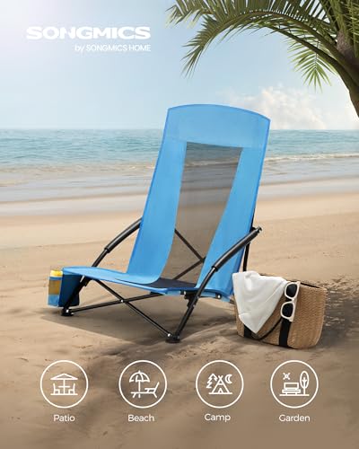 SONGMICS Set of 2 Portable Beach Chairs for Adults, Max. Load 330 lb Each, High Backrest, Cup Holder, Lightweight, Heavy-Duty, Light Blue UGCB067Q01V1 - color: Light Blue, style: 2 Pack