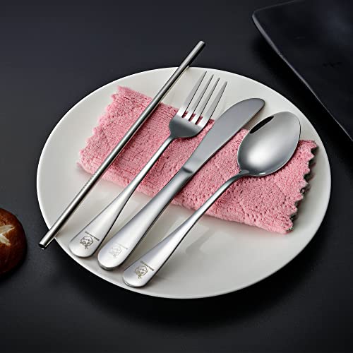 Boulder Bee | Travel Utensils Set | Reusable Camping Cutlery Set | Stainless Steel Flatware Set | Portable Silverware Set with Case | Includes Knife/Fork/Spoon/Straw/Cleaning Cloth/Case (Silver) - color: Silver
