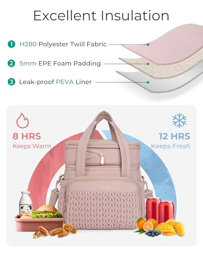 BAGSMART Insulated Lunch Box for Women, Double Deck Leakproof Cooler Bag with Expandable Design for Office Work & Outdoor Picnic - color: Dusky Pink