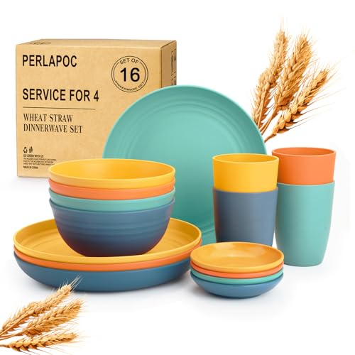 Wheat Straw Dinnerware Sets, Unbreakable Plates and Bowls Sets of 16, Kids Dinnerware Set Sevice for 4, Dishwasher & Microwave Safe Dish Set for Kitchen, Outdoor, Camping - Multi - color: Multicolor, size: 16 PCS