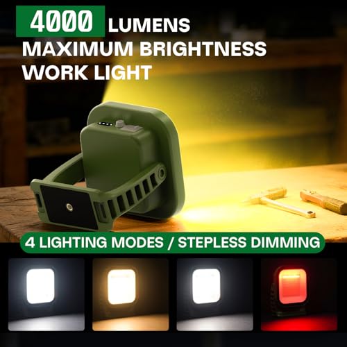 Magnetic Rechargeable Work Light with Stand, 4000LM Portable LED Light for Garage, Home, Emergency, Car Repair and Camping, 3 Color Temperatures, IP65 Waterproof