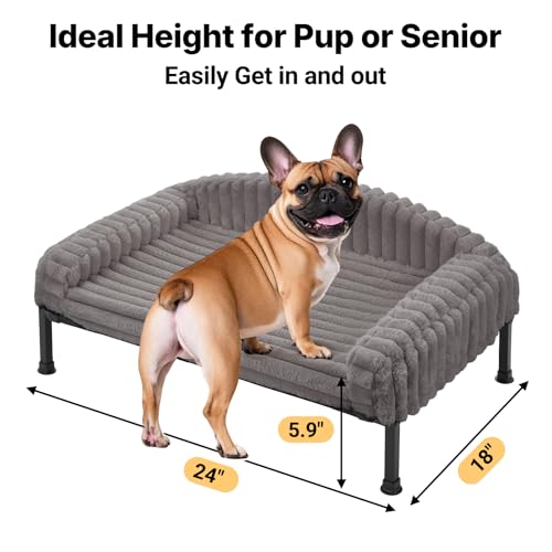 Veehoo Elevated Dog Bed with Bolster Cushion, Fluffy Plush Dog Couch Beds for Small Dogs, Cats, Washable Raised Pet Cot with Non-Slip Feet for Indoor or Patios Use, 24 x 18 Inches, Grey - color: Grey, size: 24.0"l X 18.0"w X 8.3"th