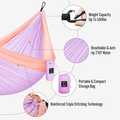 Grassman Camping Hammock Double & Single Portable Hammock with Tree Straps, Lightweight Nylon Parachute Hammocks Camping Accessories Gear for Indoor Outdoor Backpacking, Travel, Hiking, Beach - color: Purple & Pink, size: One Person