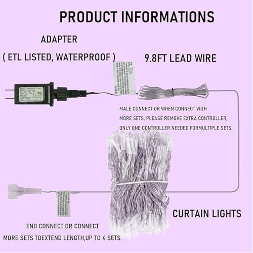 Dazzle Bright 300 LED Christmas Curtain String Lights, Halloween Fairy Lights for Bedroom with 8 Lighting Modes, Waterproof Window Light Party Wedding Garden Wall Decor, Purple - color: Purple