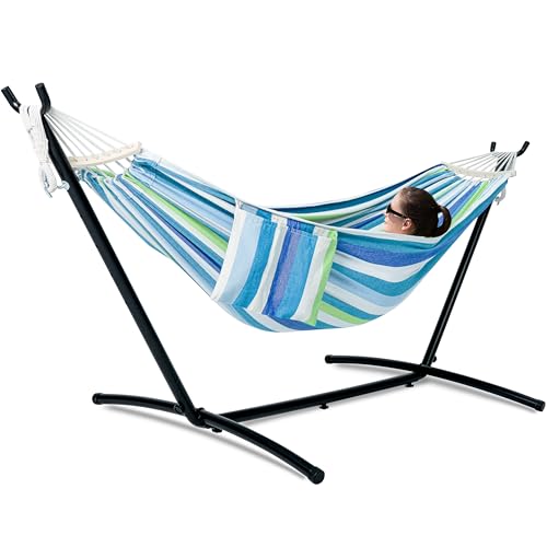 GAFETE Double Hammock with Stand for Outside, Upgraded Spreader Bar, Heavy Duty Space Saving Steel Stand 2 Person, Convenient Pockets, Easy Assembly, 600lbs Weight Capacity, Indoor & Outdoor (Lagoon) - color: Lagoon