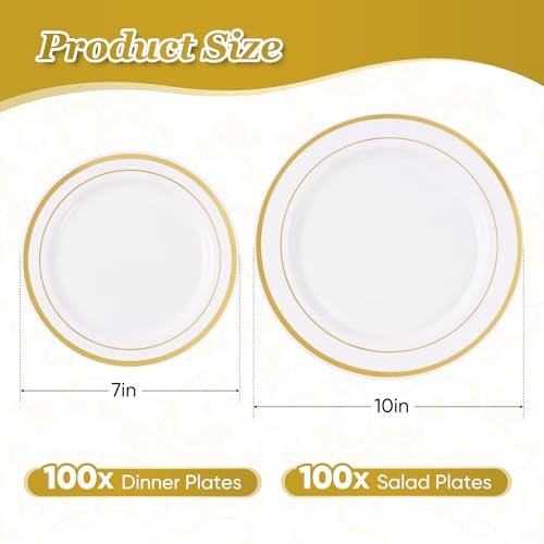 Fijinhom 200PCS Gold Plastic Plates, Disposable Plates with 100PCS 10" Dinner Plates & 100PCS 7" Dessert Plates for 100 Guests, Plastic Party Plates for Wedding, Birthday, Gold - color: Gold, size: 100 Guests-200pcs