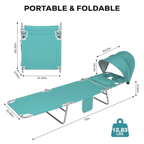 Romswi 2PK Folding Tanning Beach Chair with Face Hole & Canopy Shade, 5-Position Reclining Sun Lounger, Portable Face Down Tanning Chair with Arm Holes & Side Pocket for Beach, Pool & Patio, Cyan - color: Cyan With Sunshade, size: 2pcs