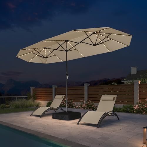PURPLE LEAF 13ft Patio Market Umbrella with Solar LED and Base Double-Sided Rectangle Outdoor Table Sun Umbrellas with Crank for Pool Beach Deck Backyard Khaki - color: Beige, size: 13' X 7' with Lights