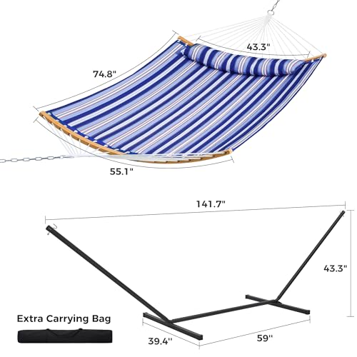 SUPERJARE Hammock with Stand, 2 Person Heavy Duty Hammock with Padded Cotton, Detachable Pillow & Strong Curved-Bar & Portable Carrying Bag, Perfect for Outdoor & Indoor, Navy Blue Stripe - color: Navy Blue Stripe