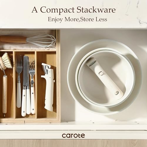 CAROTE 19pcs Pots and Pans Set, Nonstick Cookware Set Detachable Handle, Induction Kitchen Cookware Sets Non Stick with Removable Handle, RV Cookware Set, Oven Safe - color: Cream White with glass lid