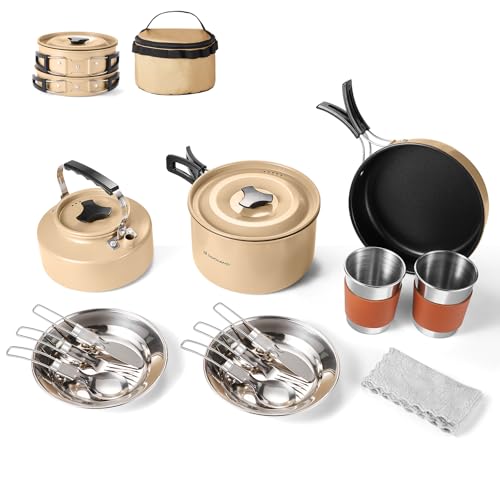 Odoland 15pcs Camping Cookware Mess Kit, Non-Stick Lightweight Pot Pan Kettle Set with Stainless Steel Cups Plates Forks Knives Spoons for Camping, Backpacking, Outdoor Cooking and Picnic - style: Khaki
