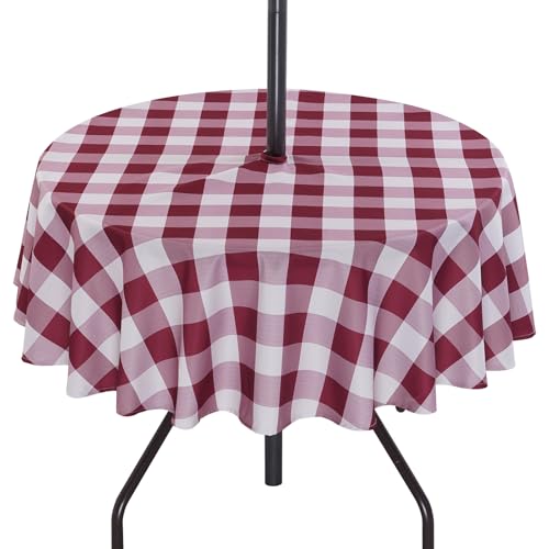 SquarePie Round Outdoor Tablecloth with Umbrella Hole - 70 Inch Water Resistant & Spillproof Table Cloth,Zipped Patio Picnic Table Cover for Camping/Picnic/BBQs/Backyard,Burgundy Red Plaid - color: Burgundy Red Plaid, size: 70" (Round)
