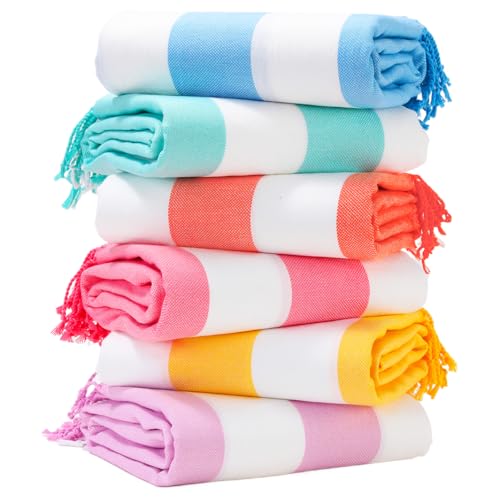 Genovega 6 Oversized Cotton Turkish Beach Bath Towel Set Bulk 74"x38" Extra Large Sand Free Quick Dry Swimming Camping Pool Clearance Towels Blanket Essentials Adult Multi Stripe - color: Orange Lightblue Grey Yellow Purple Lightgreen