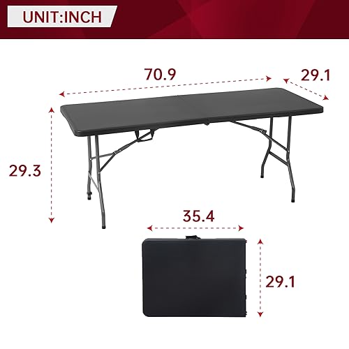 PayLessHere | 6FT Folding Table | Black | Portable Plastic Table with Carry Handle | Waterproof & Foldable Table Design | Steel Frame with Lock | for Events, Camping, Indoor & Outdoor Use - color: Black, size: 6 FT