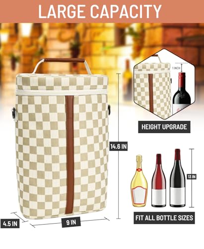 Insulated Wine Bag - Wine Bottle Carrier Tote Cooler Bags for Gifts Travel Picnic Beach, Khaki Checkered Pattern - 2 Bottle - color: Khaki Checkered Pattern, size: 2 Bottles