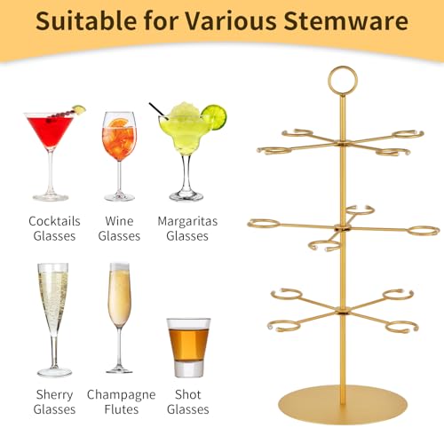 QPIX DIGITAL Champagne Tower,Metal Cocktail Tree Stand 3 Tier - 12 Holders For Champagne, Cocktails, Martini, Margarita Cups at Weddings,Bridal Parties & Events,Cocktail Glass Gold Holder - color: Gold, size: 24"x 13"-12 Holders