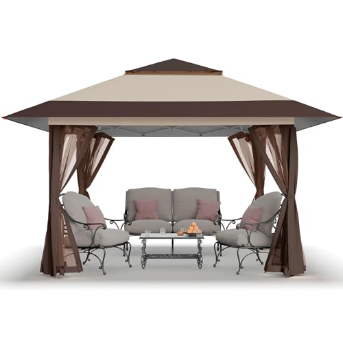 CROWN SHADES 13x13 Pop Up Gazebo, Canopy Tent, Gazebos on Clearance - Outdoor Gazebo for Backyard & Patio Furniture - Carpa Pop Up Tent with Wheeled STO-N-Go Cover Bag (Beige & Coffee) - color: Beige & Coffee, size: 13x13