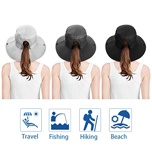 3 Pieces Womens Ponytail Wide Brim Sun Hat Packable UV Protection Beach Cap for Fishing & Hiking - color: Black＆gray＆pure Beige