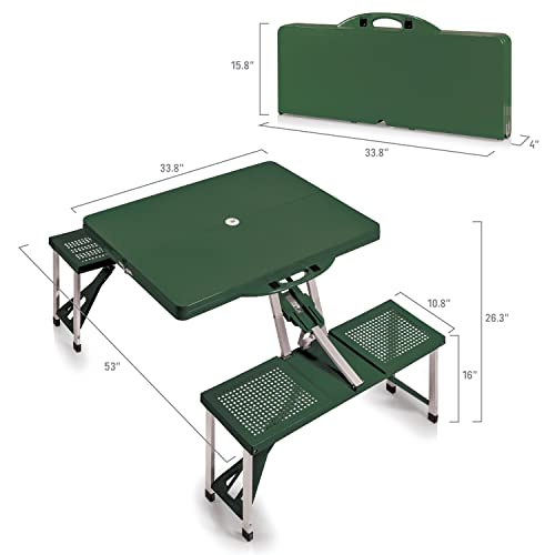 Picnic TIME Portable Folding Picnic Table with Seats for 4, Collapsible Aluminum Table with Benches & Umbrella Hole, Lightweight Foldable Table for Camping, Travel, Backyard, Tailgating | with Umbrella Hole - color: Play Town - Green
