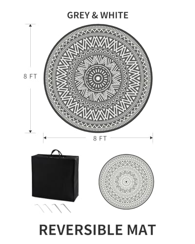 MontVoo Outdoor Rug Carpet Waterproof Round 8ft Outdoor Patio Rug Mat Reverisble Plastic Straw Outdoor Rug for RV Camping Picnic Beach Balcony Boho Grey - color: Grey, size: 8' (Round)