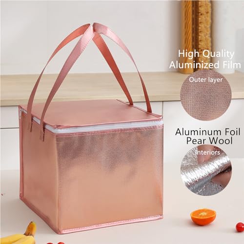 10.2×10.2×12.6" Reusable Insulated Zipper Aluminum Foil Tote Bag Suit for Picnic Cake FruitDrink Refrigeration Also for Delivery of Takeaway Thermal Pizza Insulated Delivery (Laser Rose Gold) - color: Laser ROSE GOLD, size: 10.2×10.2×12.6"