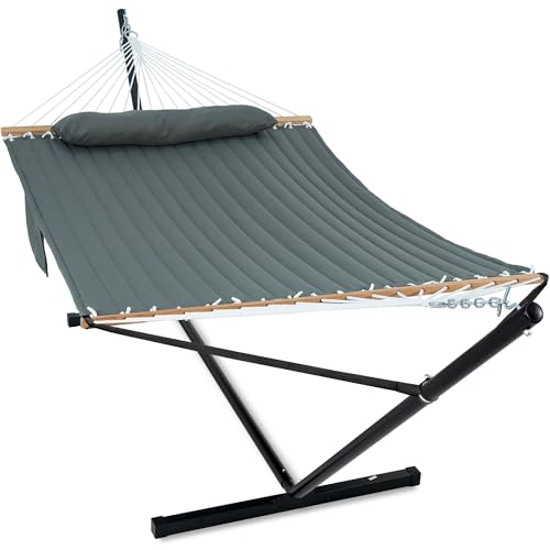 GAFETE 2 Person Hammock with Stand for Outside, Heavy Duty Steel Stand, Double 55inch Hammocks, Large Removable Pillow, Storage Bags, Max 475 lbs Capacity (Mist Green) - color: Mist Green