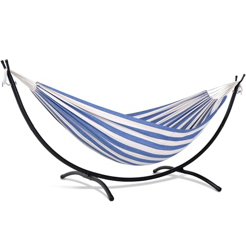 SUNCREAT Backyard Hammock with Frame, Hammock Frames for Outside, 475 lbs Capacity, Blue & White Stripes - color: Blue White