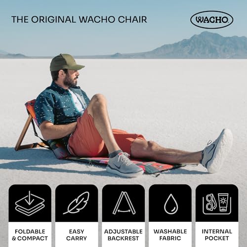 Wacho Outdoor Folding Beach Chair – Ultralight Reclining with Adjustable Wooden Backrest, Foam Padding & Water-Resistant Recycled Fabric – Portable Lounge Chair for Beach, Camping – Red and Dark Blue - color: Red and Dark Blue