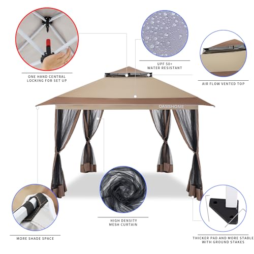 OASISHOME Pop-up Gazebo Portable Instant Canopy Tent 12x12, One-Push Locking System, with 4 Mesh Sidewall, Wheeled Bag, for Patio/Backyard/Outdoor/Parties/Events (Khaki,12FTx12FT) - color: Khaki(1 setup), size: 12X12 Top (10X10 Base)