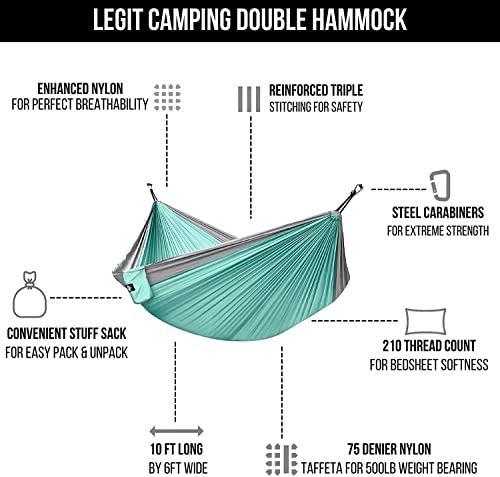 Legit 2 Person Camping Hammock - Double Tree Hammock - Portable & Heavy Duty - Perfect for Outdoor & Travel - color: Graphite/Sea Green