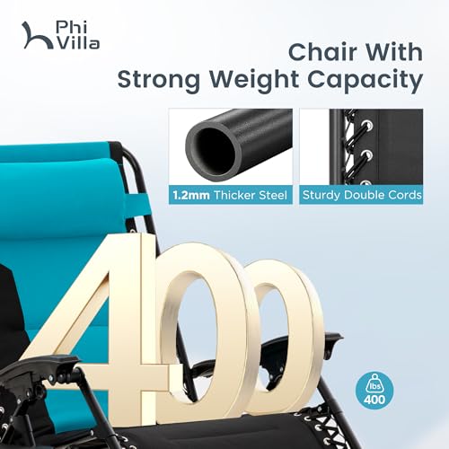 PHI VILLA Zero Gravity Chair Set of 2, Padded Anti Gravity Recliner, Oversized 28" Wide Seat, Foldable Patio Lounger with Armrest & Cup Holder, Supports 400 LBS (Aqua) - color: Aqua