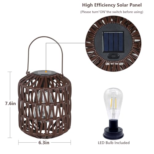 Rattan Outdoor Solar Lanterns, Solar Lights Outdoor Waterproof, 2 Pack Outside Table Lamp, Gardening Lantern Lights Gifts for Women, Hanging Lantern for Yard, Patio, Tree, Tabletop Decoration (Coffee) - size: 2 Pack-Coffee