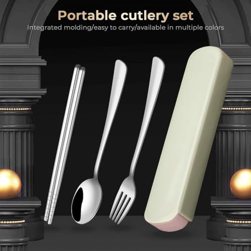 Travel Utensils with Case, Portable Camping Utensils, 3 Pcs Cutlery Set, Stainless Steel, Reusable Flatware Silverware, Include Fork, Spoon & Chopsticks with Case - color: Green