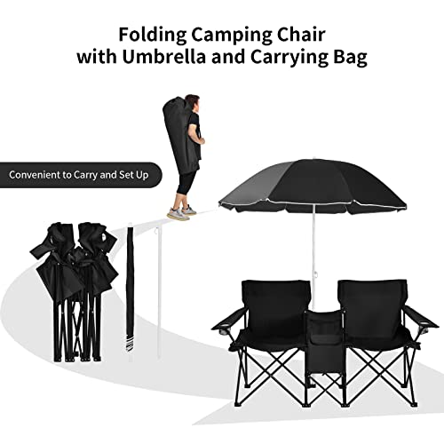 Goplus Double Camping Chair with Umbrella, Folding Loveseat Chairs w/Canopy Shade, Carrying Bag, Table, Cup Holder, Portable Beach Chairs Outdoor Picnic Patio (Black) - color: Black