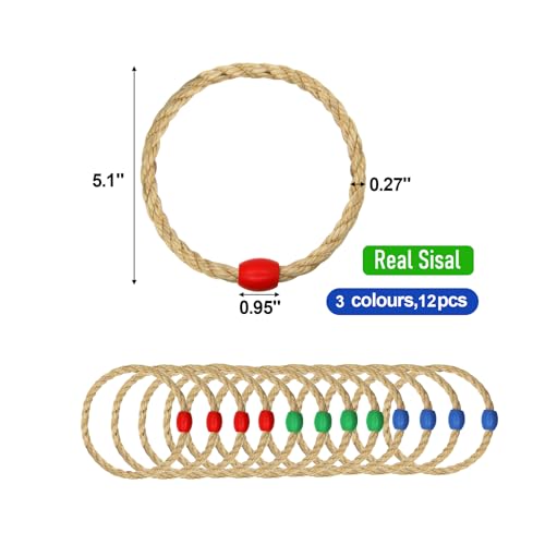 12 Pack Sisal Rope Ring Toss Game Replacement Parts for Adults and Kids, Outdoor Toss Rings for Agility Practice and Speed Game and Yard Games and Lawn Games for Party (3 Colors-Red Green Blue)