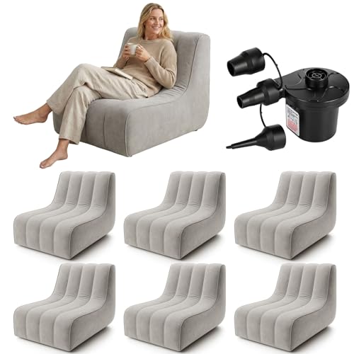 6 Pcs Inflatable Chairs for Adults, Blow up Couch with Electric Air Pump, Inflatable Chairs for Movie Night Flocking Portable Blow up Furniture Beanbag Sofa for Living Room Party (Light Grey) - color: Light Grey