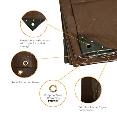 WHITEDUCK 16x20 Tarp 16 MIL Heavy Duty Poly Tarp Waterproof UV Resistant, True to Size, Rust-Proof Grommets, Tear & Rip Resistant, Extra Thick, Camping, Construction, Boat & Equipment Cover - color: Brown- 16 Mil, size: 16' x 20'