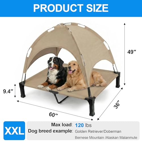 Elevated Dog Bed with Canopy Raised Pet Cot for Large Dogs, Outdoor Dog Cot with Removable Sun Shade Tent, Breathable Mesh Portable Dogs Cot for Camping, Beach, Backyard, Outdoor Use - color: Beige, size: 60"L x 36"W x 49"H