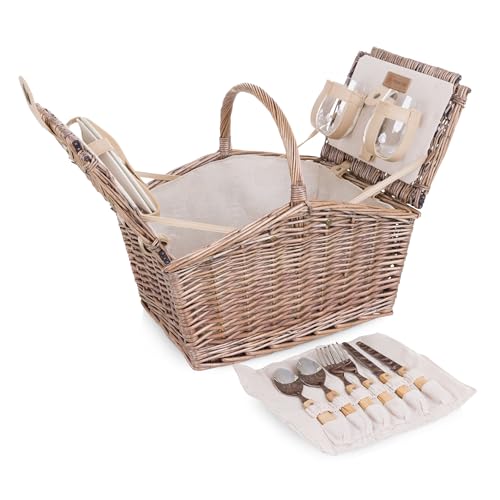 Picnic TIME Piccadilly Picnic Basket for 2, Romantic Vintage English-Style Wooden Basket, Complete Deluxe Service for Two with Fully-Lined Interior and Double-lid Design, (Natural Canvas) - color: Natural Canvas