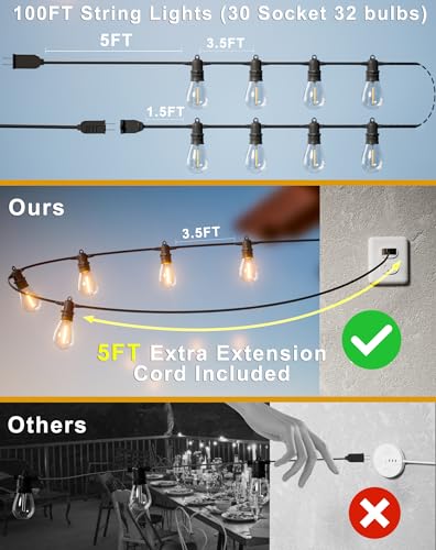 100FT LED Outdoor String Lights with 30 Edison Shatterproof IP65 Waterproof Bulbs, 2700K Dimmable Commercial Grade Patio Lights, Heavy Duty Outside Hanging Light for Garden Porch Deck Decor - size: 100 FT