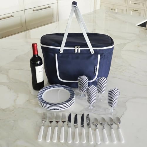 Picnic at Ascot Patented Collapsible Insulated Picnic Basket Equipped with Service For 4- Designed and Assembled in USA - color: Navy