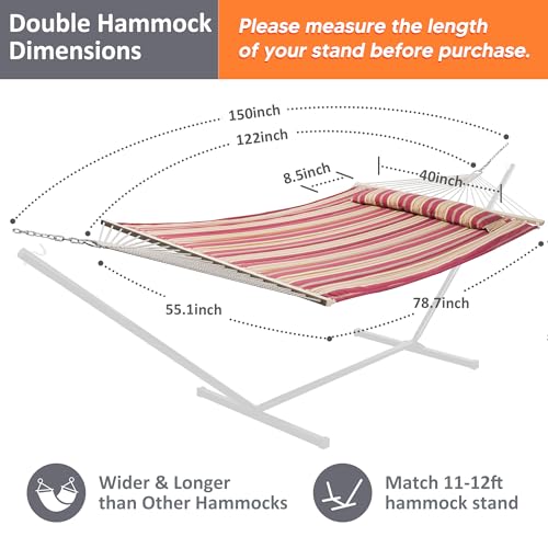 SUNCREAT Double Hammock Quilted Fabric Swing with Spreader Bar, Detachable Pillow, 55” x79” Large Hammock, Red Stripes - color: Red Stripes