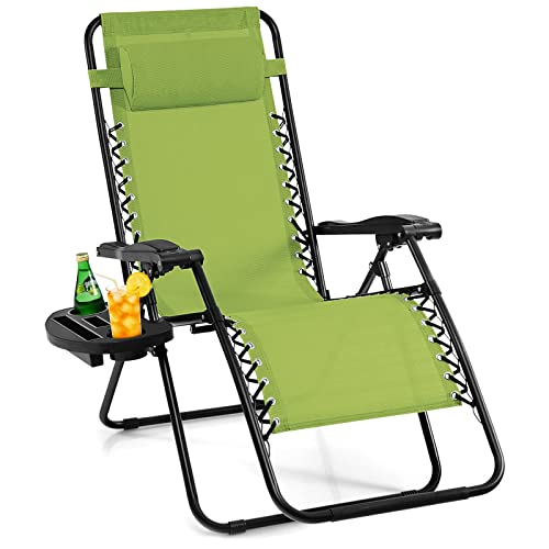 Giantex Zero Gravity Reclining Chair, Outdoor Patio Recliner with Cup Holder & Removable Pillow, Adjustable Backrest, Indoor Lounge Chair for Backyard, Garden, Poolside (Green) - color: Green, size: 1 Count (Pack of 1)