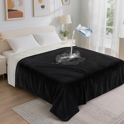 LOOBANI Waterproof Blanket for Bed: Reversible Soft Flannel Twin Bed Blanket 60" x 80", Leakproof Throw Spill-Proof Dog Pet Blanket for Couch, Sofa Protect, Movie Time, Camping, Travel, Black & Beige - color: Black+beige, size: 60" x 80"