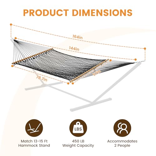 Lazy Daze Hammocks 12FT Double Rope Hammocks, 2 Person Hand Woven Cotton Hammock with Spreader Bar, Carabiner, Tree Strap, Chain for Outside, FIT 13-15 FT Stand, Max 450 Lbs, Black - color: Black