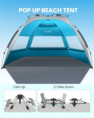 OutdoorMaster Beach Tent Sun Shelter for 3-4 Person, Pop Up Beach Tent Easy Setup with Sandbags, Portable Sun Shade Canopy with Carrying Bag for Beach & Outdoor, UPF50+ UV Protection, Family Size - color: Ocracoke Coast, size: X-Large