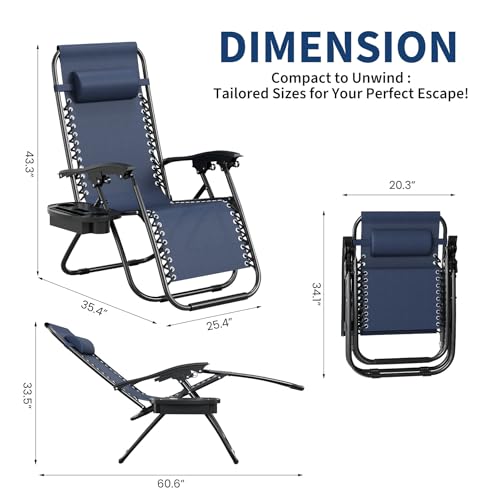 Garvee Zero Gravity Chair Set of 2, Patio Lounge Chair Outdoor with Pillow & Cup Holder Tray, Adjustable Reclining Chair, Folding Portable Camping Chair for Deck, Beach, Yard, Garden - Navy Blue - color: Navy Blue